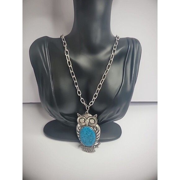 Vintage Silver Tone Owl Pendant Chain Necklace Blue Stone Jewelry Costume - Picture 6 of 12